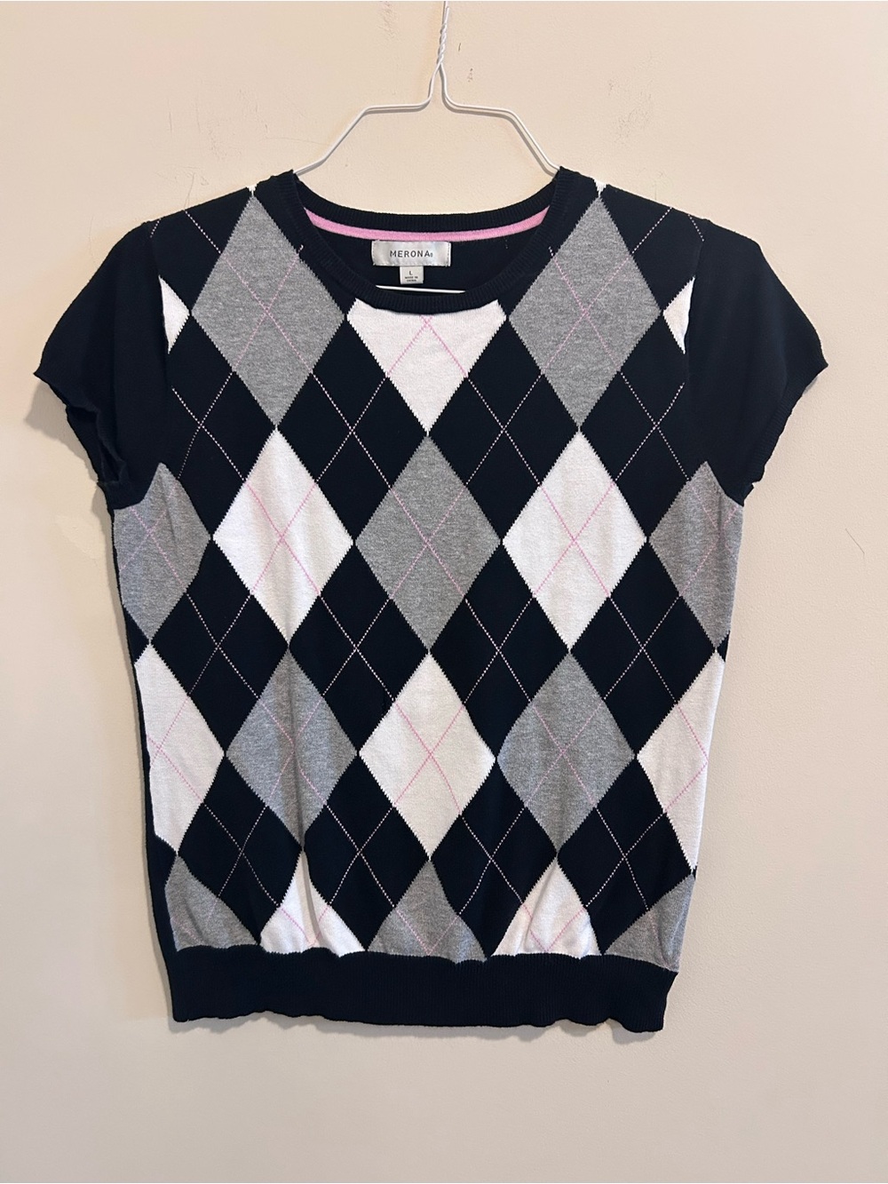 Merona Black Gray White Argyle Sweater with Pink Accents